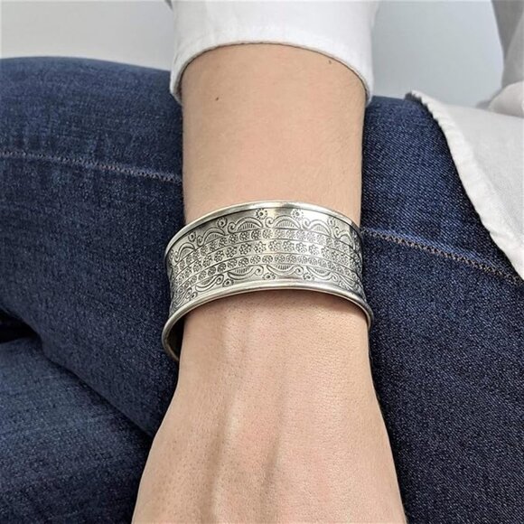 999 Pure Silver Karen Hill Tribe Wide Tribal Adjustable Cuff Bangle Bracelet - Picture 4 of 5